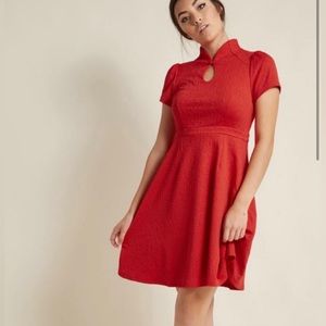 ModCloth Retro Mandarin Collar Knee Fit And Flare Length Red Dress Holiday